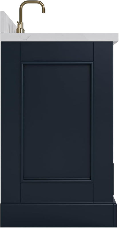 Langford 48-inch Midnight Blue Bathroom Vanity with Center Rectangle Single Sink, Carrara White Quartz Countertop & Backsplash, Solid Wood Frame, Soft-Closing & Dovetail Drawers