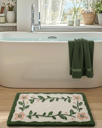 DEXI Boho Floral Bathroom Rugs 32x20, Green Leaf Bath Mat Non Slip Washable