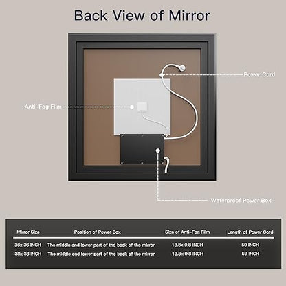 ISKM 40x38 Framed LED Bathroom Mirror, Dimmable Front & Backlit, Anti-Fog