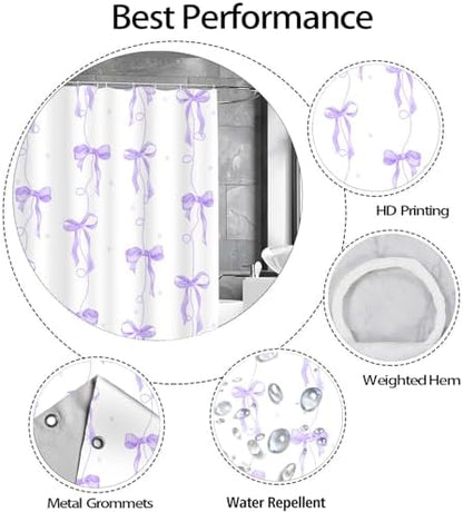 Purple Bow Shower Curtain for Bathroom Decor, Teen Girls Theme, 72x72In