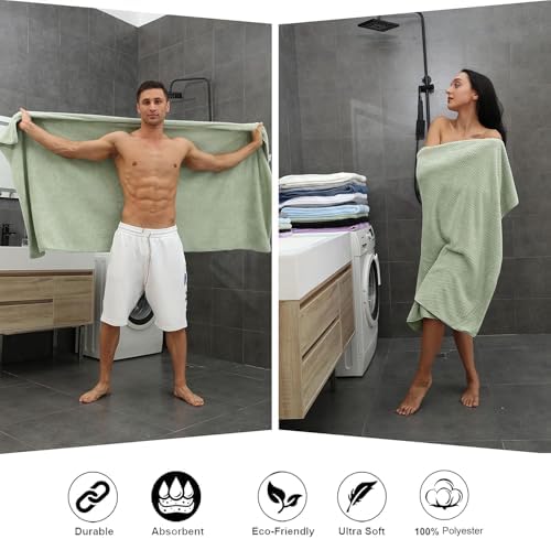 8-Piece Bath Towel Set, 2 Extra Large Bath Towel Sheets, 2 Hand Towels and 4 Washcloths - Highly Absorbent Quick Dry Polyester,Ultra Soft Towel Set for Bathroom, Waffle Weave Design, Pack of 8, Green