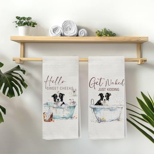 Funny Border Collie Hand Towels, Hello Sweet Cheeks Bathroom Decor, Border Collie Gifts Decorative Hand Towels for Bathroom Washroom Restroom, 16x24 Inch Set of 2