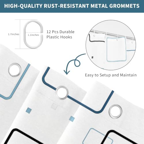 Modern Geometric Square Blue and White Shower Curtain, 72" W x 84" L