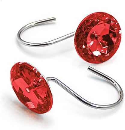 Crystal Diamond Round Shower Curtain Hooks Rings for Bathroom,Red,12PCS