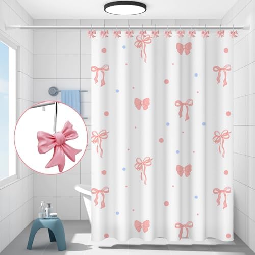 Bow Knot Decorative Shower Curtain Hooks, 12pcs Pink Cute Art Deco Resin Rust Resistant Hooks Glide Shower Ring Hangs Holder Bling for Girl Bathroom Baby Room Nursery