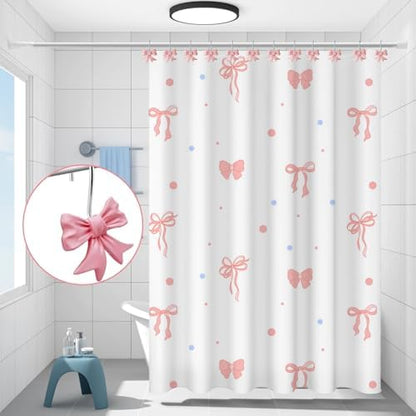 Bow Knot Decorative Shower Curtain Hooks, 12pcs Pink Cute Art Deco Resin Rust Resistant Hooks Glide Shower Ring Hangs Holder Bling for Girl Bathroom Baby Room Nursery