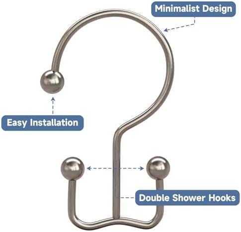 Titanker Shower Curtain Hooks Rings, Rust Resistant Metal Minimalist Simple Double Glide Shower Hooks Rings for Bathroom Shower Rods Curtains, Set of 12 Hooks - Nickel