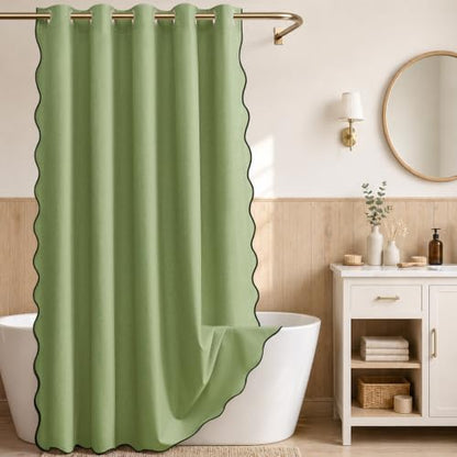 Furlinic Scalloped Linen Shower Curtain No Hook Sage Green Extra Long 72x84