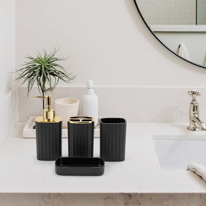 RRM Bathroom Accessories Set 4 Piece, Black and Gold Bathroom Set