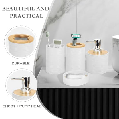 RRM 4 Piece Bamboo Bathroom Accessories Set, Boho Bathroom Decor, White