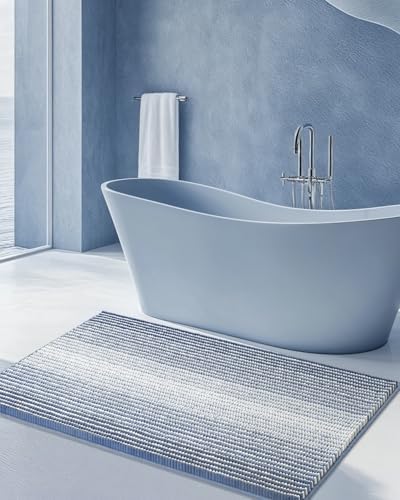 BSICPRO Large Chenille Bathroom Rugs, 24x43 Striped Bath Mats, Fog Blue