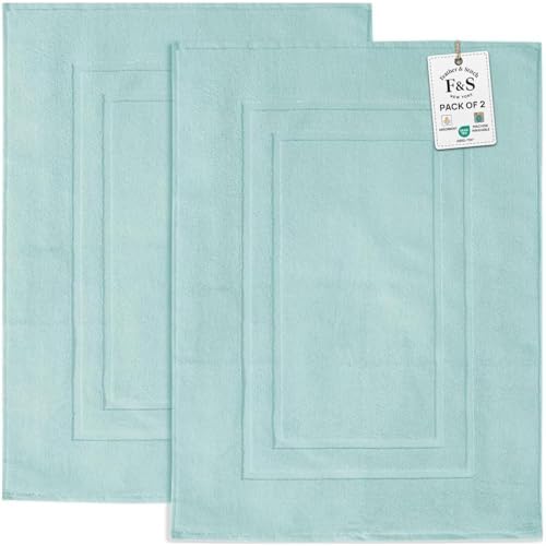 Feather & Stitch 2 Piece Towel Like Bath Mats (30x21 Inch) 100% Cotton Terry Bath Mats, Bathroom Shower Floor Mats [NOT A Bathroom Rug], Soft Absorbent Washable Mats - Sea Foam