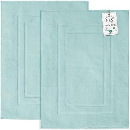 Feather & Stitch 2 Piece Towel Like Bath Mats (30x21 Inch) 100% Cotton Terry Bath Mats, Bathroom Shower Floor Mats [NOT A Bathroom Rug], Soft Absorbent Washable Mats - Sea Foam