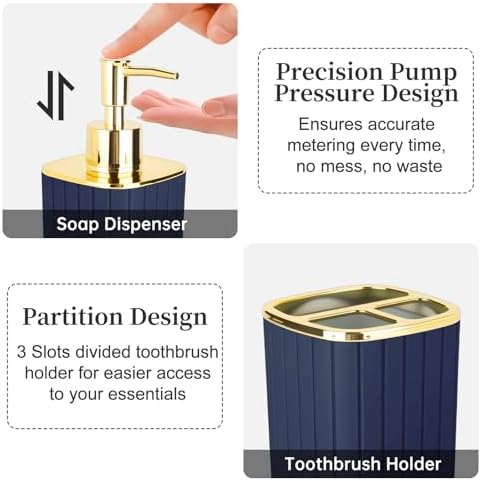 RRM Bathroom Soap Dispenser and Toothbrush Holder Set, Navy Blue