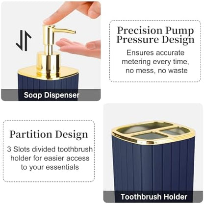RRM Bathroom Soap Dispenser and Toothbrush Holder Set, Navy Blue