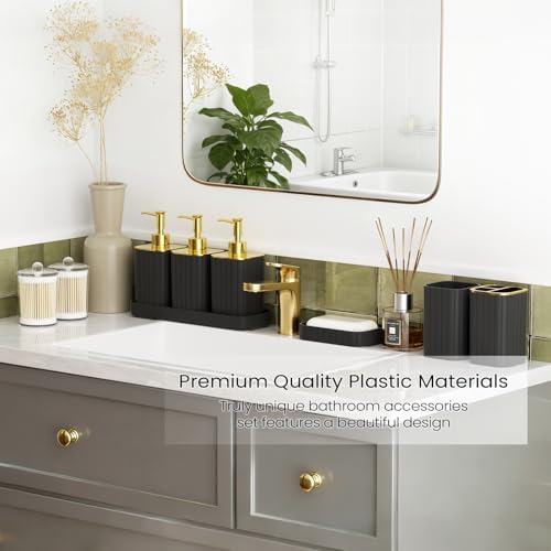 Bathroom Set - Bathroom Accessory Set, Black Bathroom Set, 26PC Bathroom Sets with Shower Curtain and Rugs, Toilet Brush, Trash Can, Qtip Holder & Bathroom Soap Dispenser Set