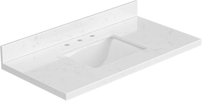 ARIEL 42 inch Bathroom Vanity top with Sink, 1.5 Inch Thick Miter Edge Carrara White Quartz top, Rectangle Single Porcelain Sink, Includes Backsplash