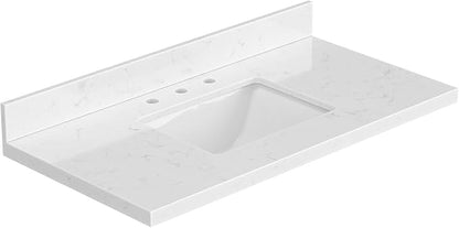 ARIEL 42 inch Bathroom Vanity top with Sink, 1.5 Inch Thick Miter Edge Carrara White Quartz top, Rectangle Single Porcelain Sink, Includes Backsplash