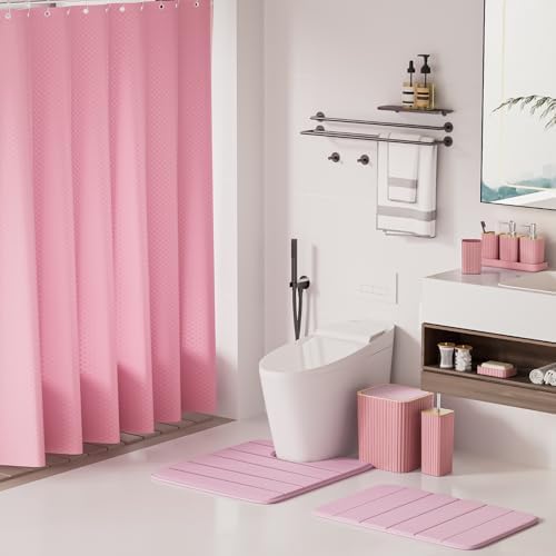 XLHOMO Bathroom Accessories Set - 25PC Pink Bathroom Set, Bathroom Set with Shower Curtain and Rugs, Pink Shower Curtain Set, Toilet Brush, Bathroom Trash Can