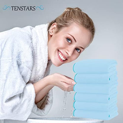 TENSTARS Silk Hemming Hand Towels for Bathroom - Quick Drying - Ultra Soft Microfiber Absorbent Towel for Bath Fitness, Gym, Shower, Hotel, and Spa - 16x28 Inch | Set of 6, Aquamarine