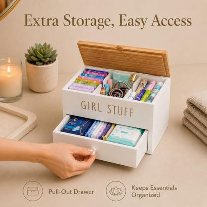 Tampon Holder for Bathroom, Girl Stuff Box for Bathroom with Lid and Drawer