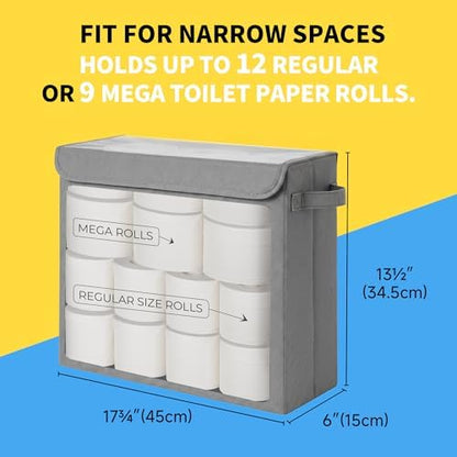 Cupic Cupid Toilet Paper Storage Baskets, Bathroom Toilet Paper Storage with Lid, Holds 12 Regular or 9 Mega Rolls, Slim Toilet Tissue Holder Basket with Clear PVC Lid and Handles, Grey