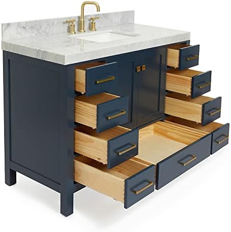 ARIEL Cambridge 48-inch Bathroom Vanity with Sink,Solid Wood, 2-inch Italian Carrara Marble Countertop, Single Rectangular Porcelain Sink, 2 Soft Closing Doors, 9 Dovetail Drawers, Midnight Blue