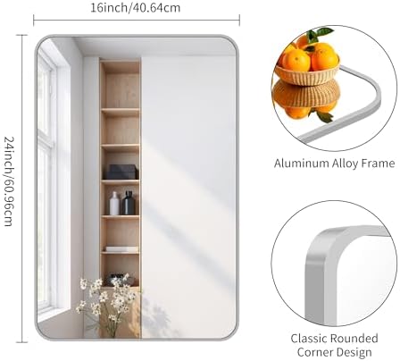 FORBATH Bathroom Mirror for Over Sink 16x24 Inch Silver, Rectanglar Wall Mirror with Metal Frame, Rounded Corners for Bathroom, Bedroom, Entryway Decor (Horizontal or Vertical)