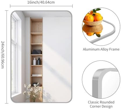 FORBATH Bathroom Mirror for Over Sink 16x24 Inch Silver, Rectanglar Wall Mirror with Metal Frame, Rounded Corners for Bathroom, Bedroom, Entryway Decor (Horizontal or Vertical)