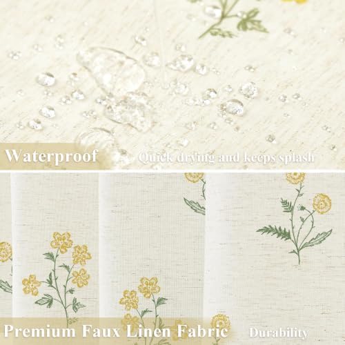 ORTIGIA Linen Shower Curtain Farmhouse Vintage Yellow Green Floral Shower Curtains Navy Boho Rustic Block Print Cottagecore Decor for Bathroom 72 W x 72 L