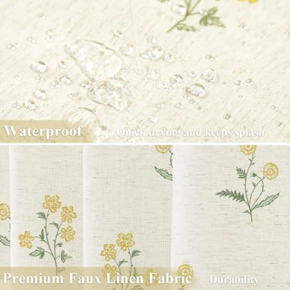 ORTIGIA Linen Shower Curtain Farmhouse Vintage Yellow Green Floral Shower Curtains Navy Boho Rustic Block Print Cottagecore Decor for Bathroom 72 W x 72 L