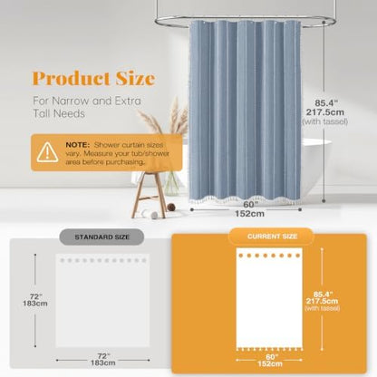 BTTN 60 x 84 Boho Farmhouse Linen Heavy Duty Cloth Shower Curtain Set, Blue