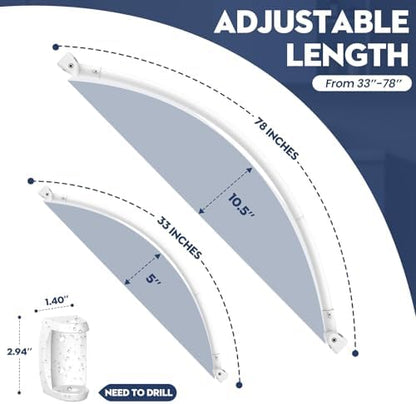 White Curved Shower Curtain Rod 33-78 Inches Adjustable Splicing Design Shower Rods Curved Round Bowed Rust proof, Premium Stainless Steel Need To Drill Shower Curtain Rod for Bathroom, Bathtub, Stall