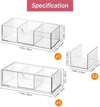 2 Tier Clear Bathroom Counter Organizer, Stackable Storage Drawers
