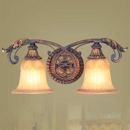 Livex Lighting 8552-63 Villa Verona 2 Light Verona Bronze Finish Vanity Bath with Aged Gold Leaf Accents and Rustic Art Glass