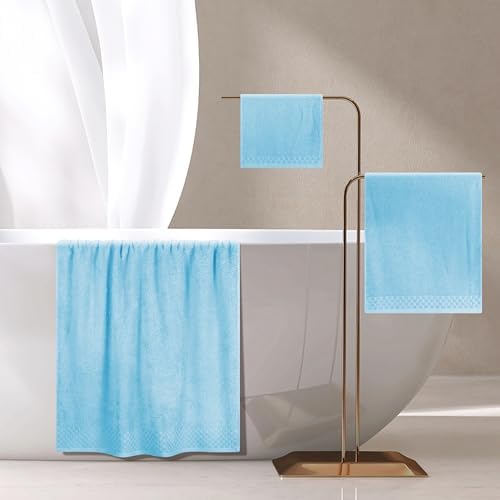MyOwn Ultra Soft 3 Pack Cotton Towel Set, Contains a Bath Towels 28x55 inch, a Hand Towels 16x24 inch & a Wash Coths 12x12 inch, Ideal Everyday use, Compact & Lightweight - Sky Blue
