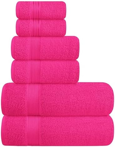 Belizzi Home Ultra Soft 6 Pack Cotton Towel Set, Contains 2 Bath Towels 28x55 inch, 2 Hand Towels 16x24 inch & 2 Wash Coths 12x12 inch, Ideal Everyday use, Compact & Lightweight - Hot Pink