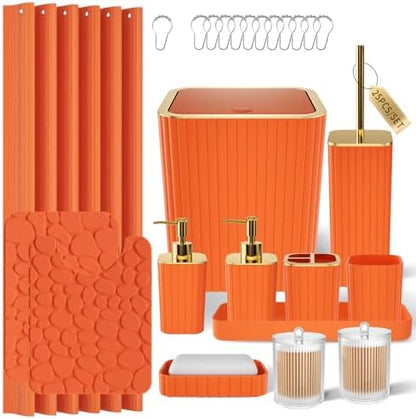 XLHOMO Bathroom Accessories Set - 25PC Bathroom Sets with Shower Curtain and Rugs, Orange Bathroom Accessories with Trash Can, Soap Dispenser, Soap Dish & Toilet Brush