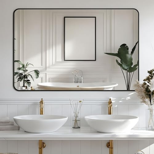 Antok 60x30 Black Metal Framed Bathroom Mirror, Wall Mirror with Round Corners, Vanity Mirror for Over Sink, Anti-Rust Tempered Glass, Horizontal/Vertical Hanging for Bathroom, Living Room, Entryway
