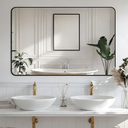 Antok 60x30 Black Metal Framed Bathroom Mirror, Wall Mirror with Round Corners, Vanity Mirror for Over Sink, Anti-Rust Tempered Glass, Horizontal/Vertical Hanging for Bathroom, Living Room, Entryway