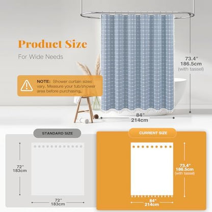 BTTN 84x72 Boho Farmhouse Linen Heavy Duty Fabric Shower Curtain Set, Blue