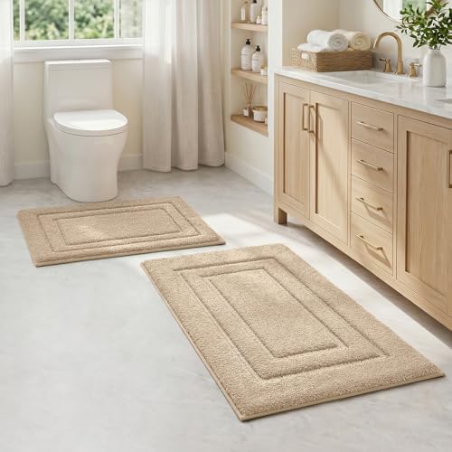 HOMEIDEAS Bathroom Rugs Sets 2 Piece, Super Soft and Absorbent Non Slip Microfiber Machine Washable Bath Mat Set (20" x 32" + 16" x 24", Beige)