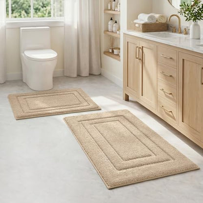 HOMEIDEAS Bathroom Rugs Sets 2 Piece, Super Soft and Absorbent Non Slip Microfiber Machine Washable Bath Mat Set (20" x 32" + 16" x 24", Beige)
