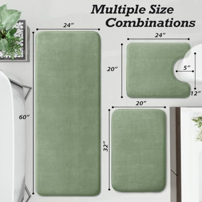 HUXMEYSON Bathroom Rugs Sets 3 Piece, Non-Slip & Quick Dry Bath Mat Set, Ultra Soft Velvet Bath Rugs for Bathroom, Toilet and Shower Floor, Grey Green