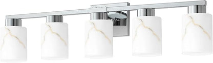 5-Light Bathroom Light Fixtures, Modern Vanity Lights, Chrome Metal Wall Lamp with White Marble Glass for Bathroom, Mirror, Living Room, Bedroom, Cabinet, Porch, Hallway, E26 Base