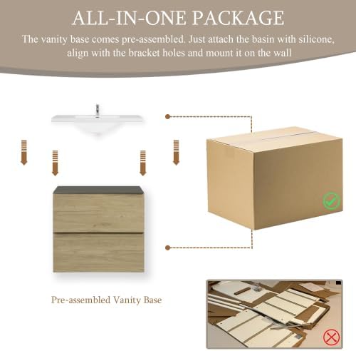 KEIKI 24'' Wall-Mounted Bathroom Vanity with Sink - Floating Design, 2 Soft-Close Drawers & Resin Basin, Space-Saving for Small Bathrooms, Natural Oak