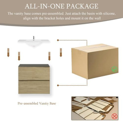 KEIKI 24'' Wall-Mounted Bathroom Vanity with Sink - Floating Design, 2 Soft-Close Drawers & Resin Basin, Space-Saving for Small Bathrooms, Natural Oak