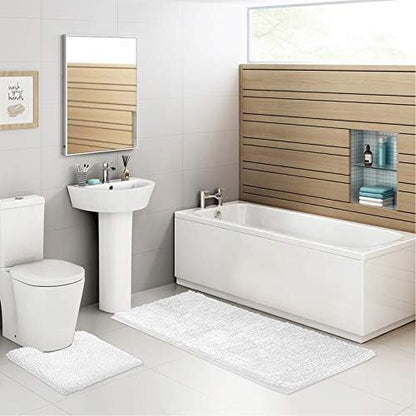 ITSOFT Standard 3pc Non-Slip Shaggy Chenille Bathroom Mat Set, Includes 24"x21" U-Shaped Contour Toilet Rug, 34"x 21" Bathmat and 1 Toilet Lid Cover, White