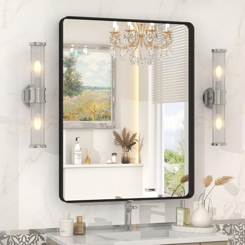 22x30 Inch Black Metal Framed Mirror for Bathroom, Matte Black Vanity Mirror, Rounded Rectangle Bathroom Mirror, Anti-Rust, Shatterproof (Horizontal/Vertical)