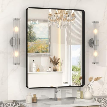 22x30 Inch Black Metal Framed Mirror for Bathroom, Matte Black Vanity Mirror, Rounded Rectangle Bathroom Mirror, Anti-Rust, Shatterproof (Horizontal/Vertical)
